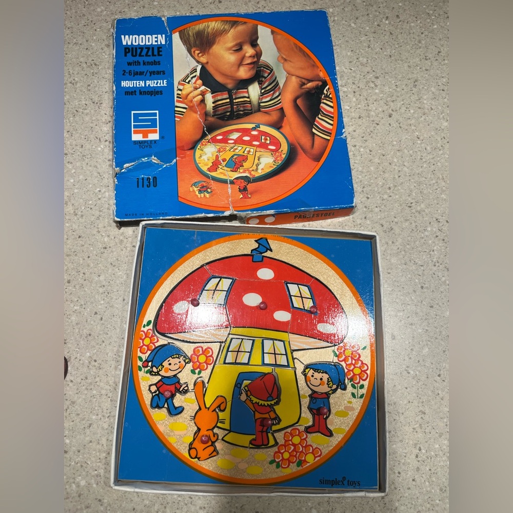 Vintage Mushroom House Wooden Puzzle with Buttons - Bright Primary Colors